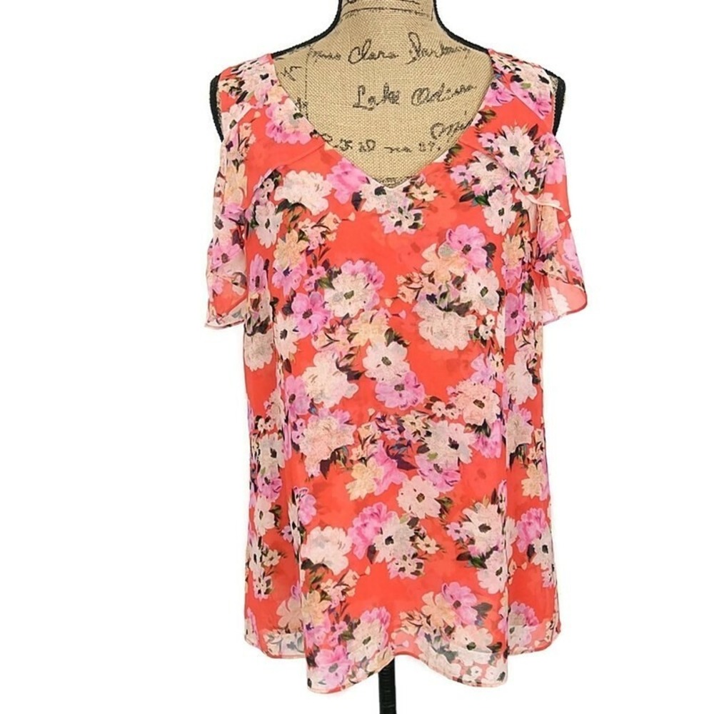 Cabi Floral Cold Shoulder Blouse Coral Pink Sheer Flutter Sleeve V Neck sz M